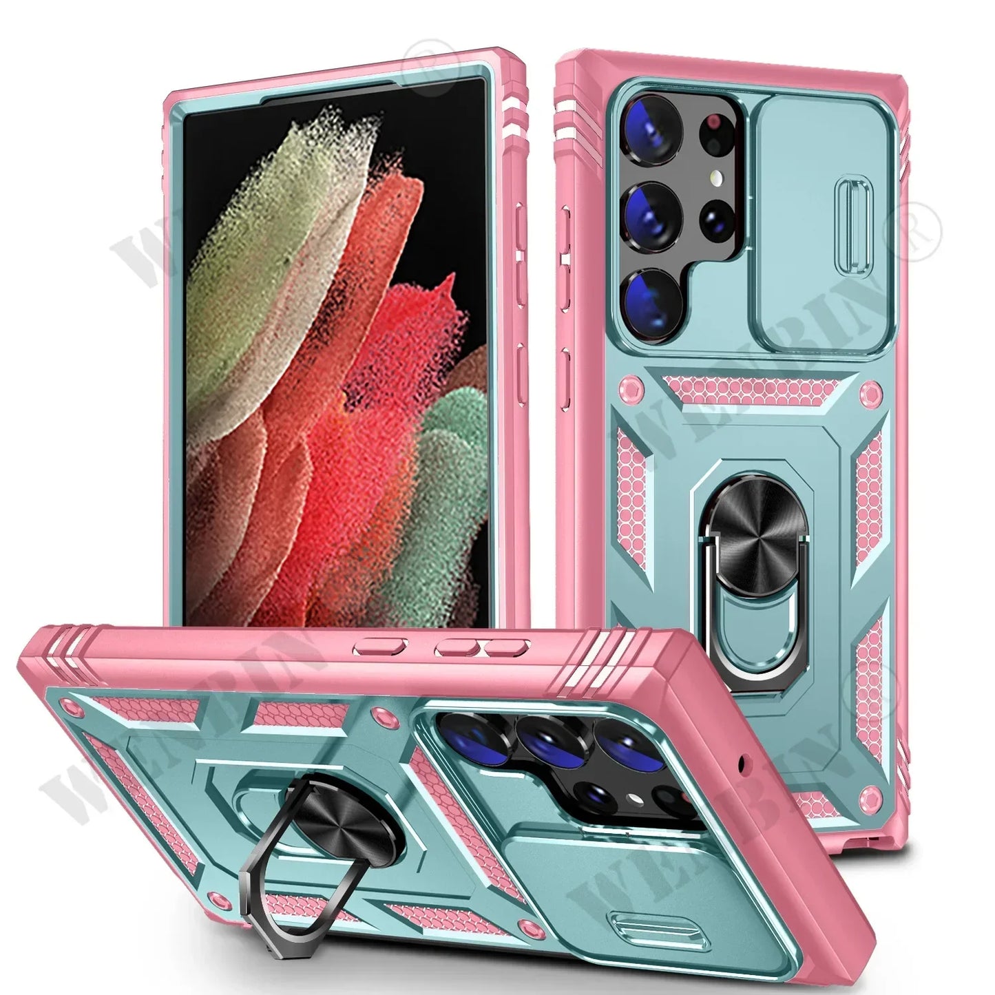 Heavy Duty Shockproof Case for Samsung S22/S23/S24/S25 Ultra with 360° Rotating Kickstand & Camera Protection.